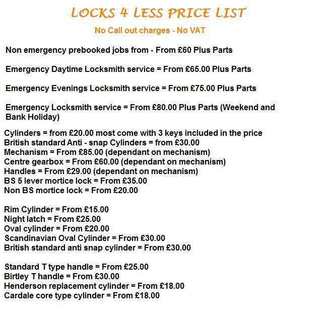  Pricelists of Locks4less Bishops Stortford Locksmiths 18 Blossom Hill Drive - Photo 1 of 1