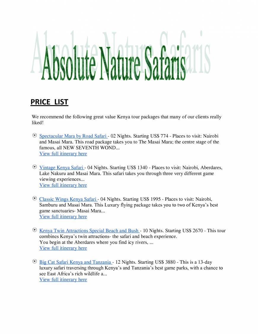  Pricelists of Absolute Nature Safaris 1630 - Photo 1 of 1