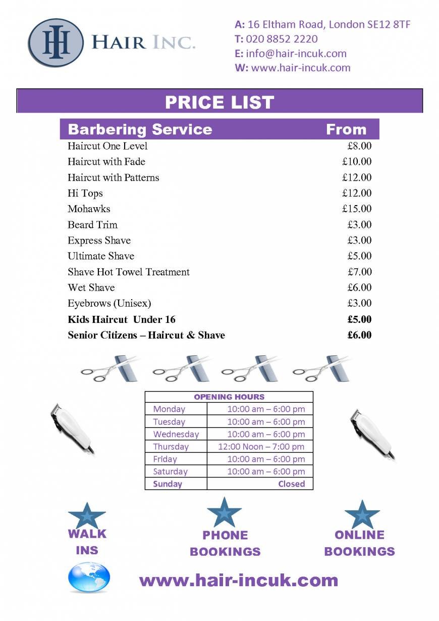  Pricelists of Hair Inc. 16 Eltham Road - Photo 2 of 2