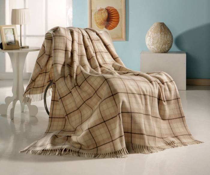 TARTAN PLAID THROW CASHMERE BLEND WITH FRINGES<br />
Tartan Scottish throw is obtained by Cashmere 25% and Wool 75% Created in Italy with old looms. Moth proof treatment<br />
Packed inÂ elegant gift box. Colours blue  grey dove-grey<br />
On sale at: www.cashmere-wool. cashmere throws and cushions of Cashmerewool Piazza XXV Aprile, 2/F - Photo 3 of 7