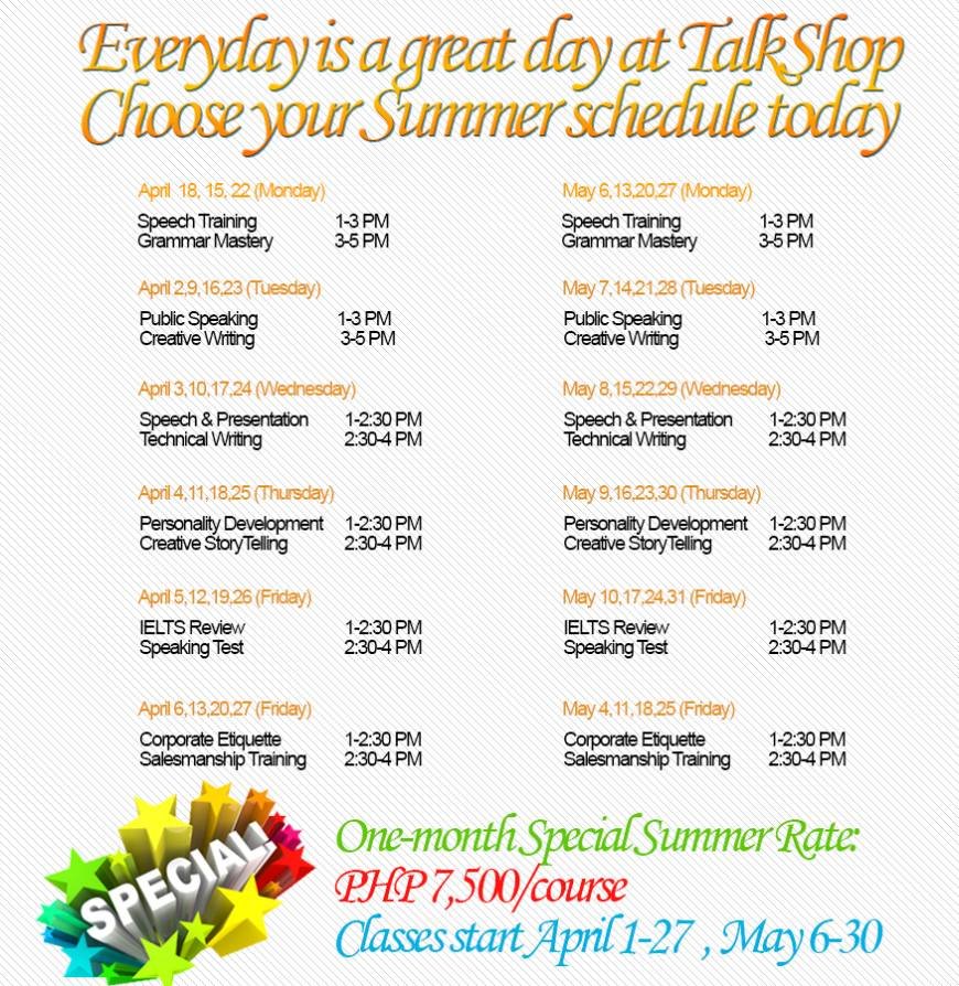  Pricelists of Best Summer Rates in TalkMasters' Workshop G/F Torre de Salcedo, Salcedo Street Legaspi Village - Photo 1 of 1
