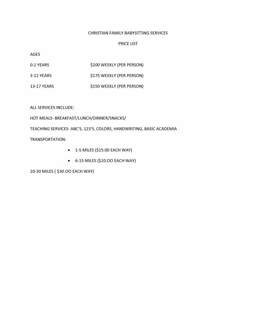  Pricelists of CHRISTIAN FAMILY BABYSITTING SERVICES 8024 GALLAGHER ISLAND - Photo 1 of 1