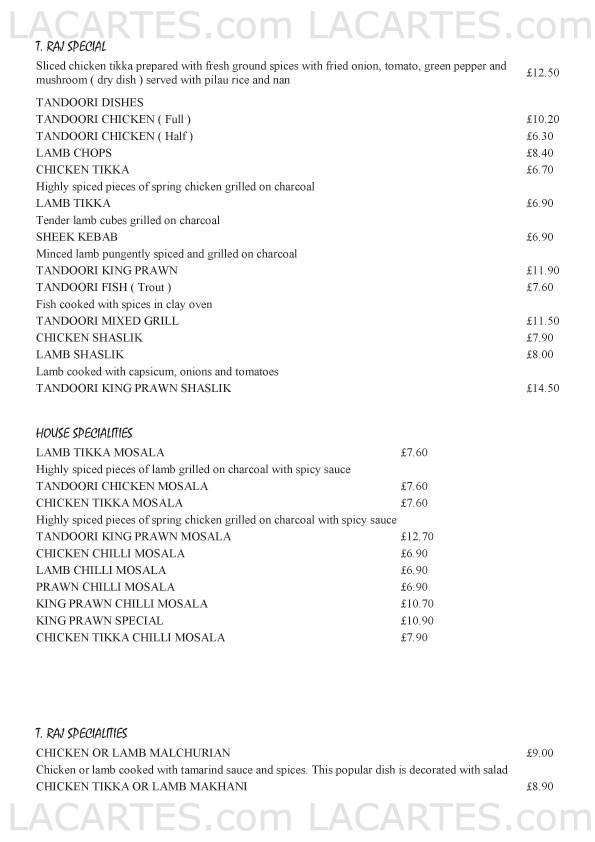  Pricelists of T Raj Tandoori Restaurant 133 - 135 Brighton Road - Photo 2 of 8