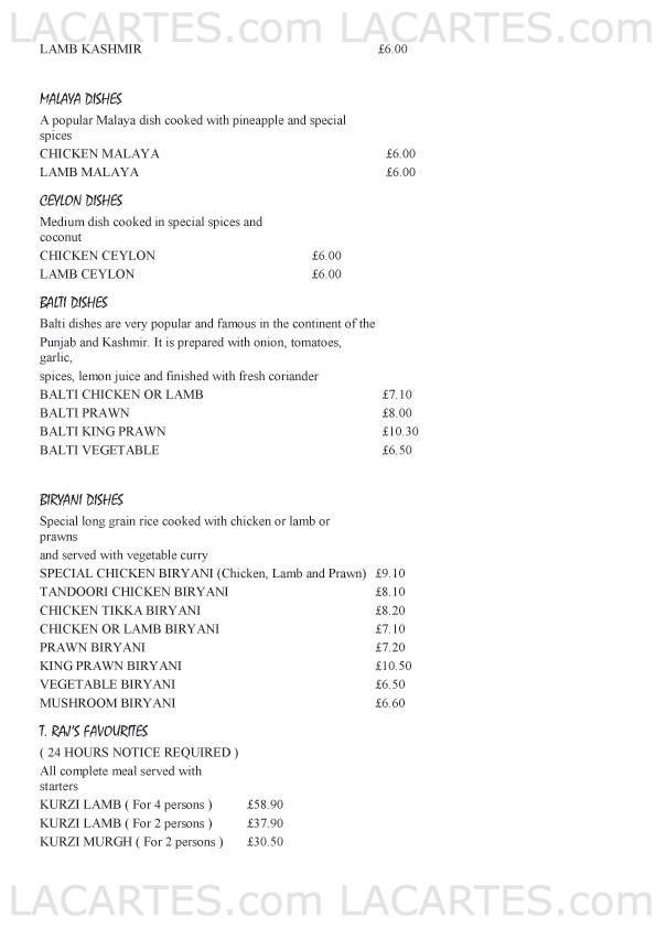  Pricelists of T Raj Tandoori Restaurant 133 - 135 Brighton Road - Photo 6 of 8