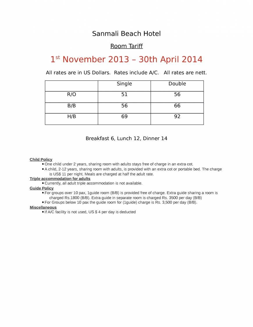  Pricelists of Sanmali Beach Hotel, Marawila, Sri Lanka Beach Road - Photo 2 of 2