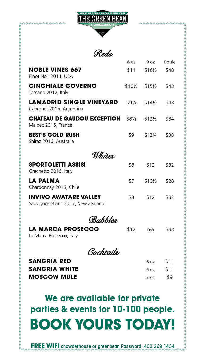  Pricelists of Green Bean Restaurant & Catering 102 550 6th Avenue SW - Photo 5 of 6