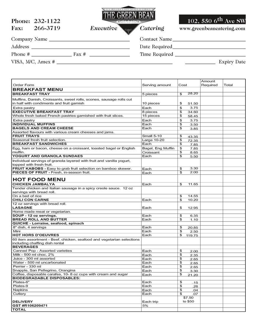  Pricelists of Green Bean Restaurant & Catering 102 550 6th Avenue SW - Photo 1 of 6