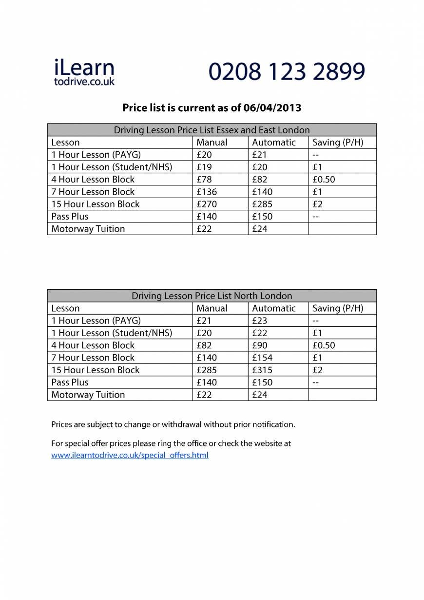  Pricelists of iLearntodrive Driving School 74 Grosvenor Drive - Photo 1 of 1