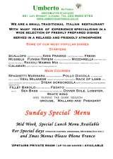 Menus & Prices, Umberto Ristorante Italiano, Ilford