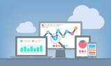 Flat design modern vector illustration concept of website analytics and SEO data analysis using modern electronic and mobile devices. Isolated on grey background, Majestic Warrior, Phoenix