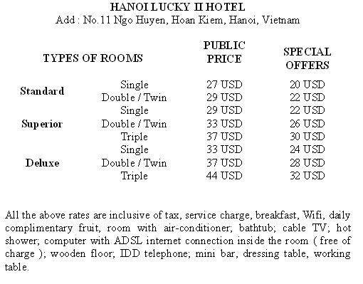  Pricelists of Hanoi Lucky II Hotel No.11 Ngo Huyen, Hoan Kiem - Photo 1 of 1