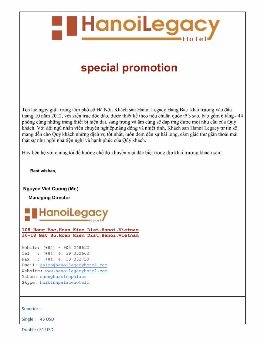  Pricelists of Hanoi Legacy Hotel 108 Hang Bac - Photo 1 of 2