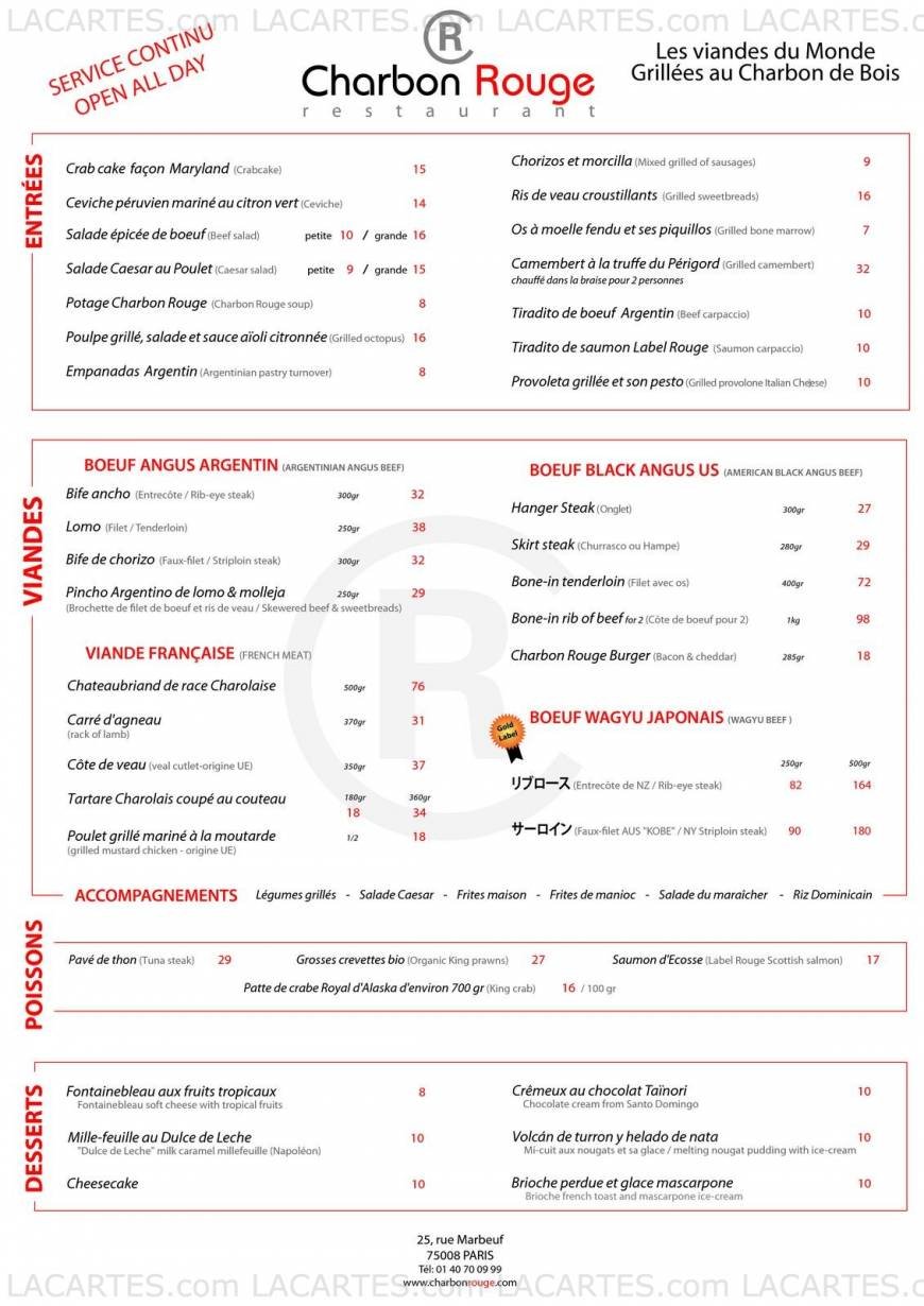  Pricelists of Charbon Rouge 25 rue Marbeuf - Photo 2 of 2