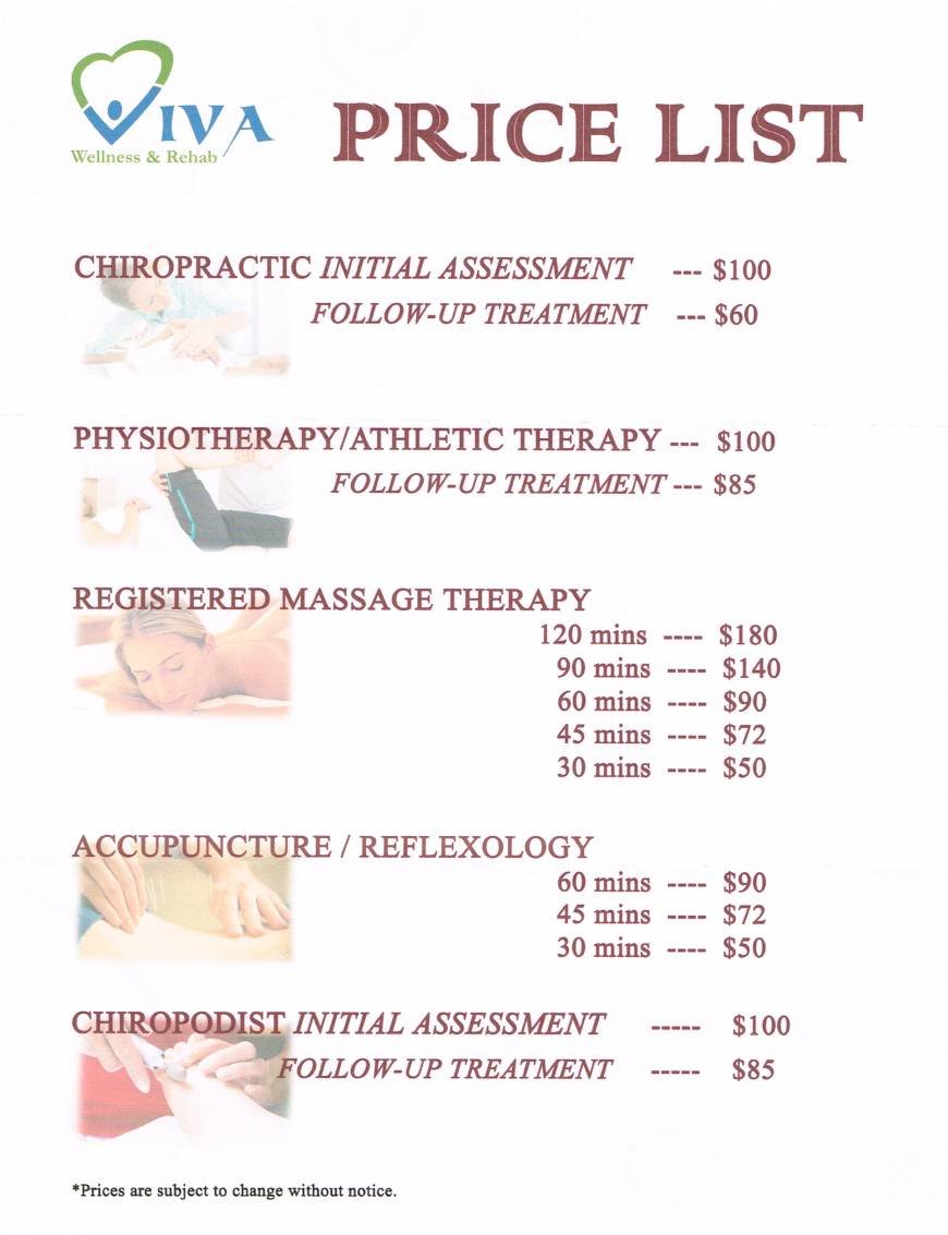  Pricelists of Viva Wellness & Rehab 165 Sheppard Ave West - Photo 1 of 1