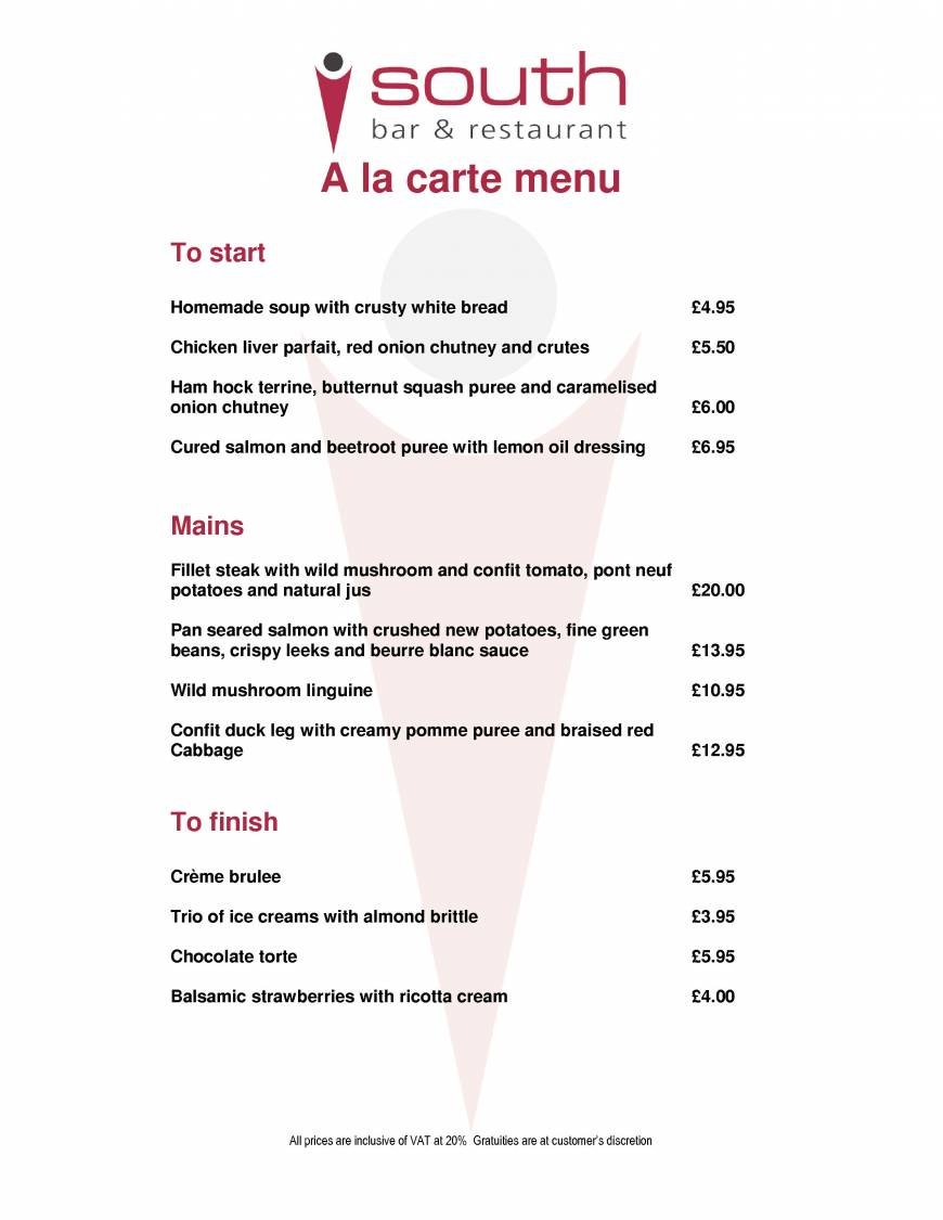  Pricelists of The South Bar and Restaurant in Chelmsford 196 New London Road - Photo 1 of 5