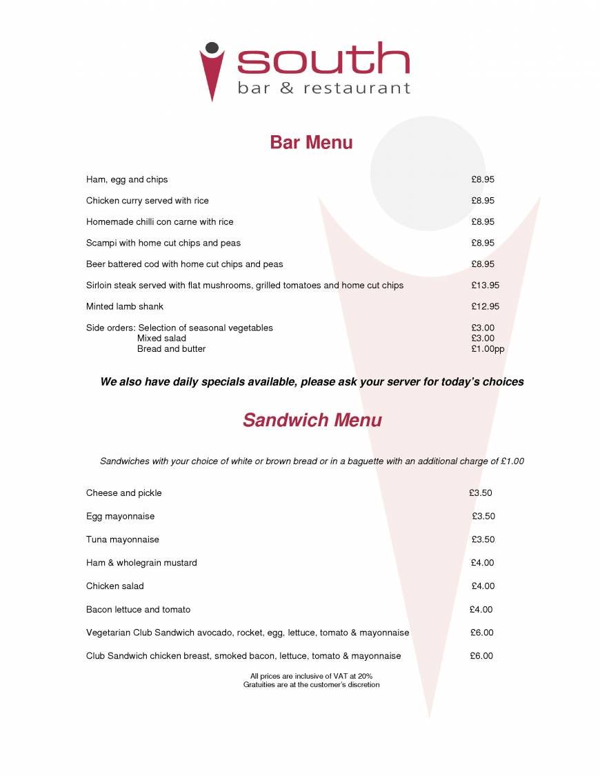  Pricelists of The South Bar and Restaurant in Chelmsford 196 New London Road - Photo 2 of 5