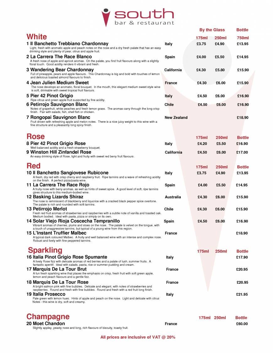  Pricelists of The South Bar and Restaurant in Chelmsford 196 New London Road - Photo 3 of 5