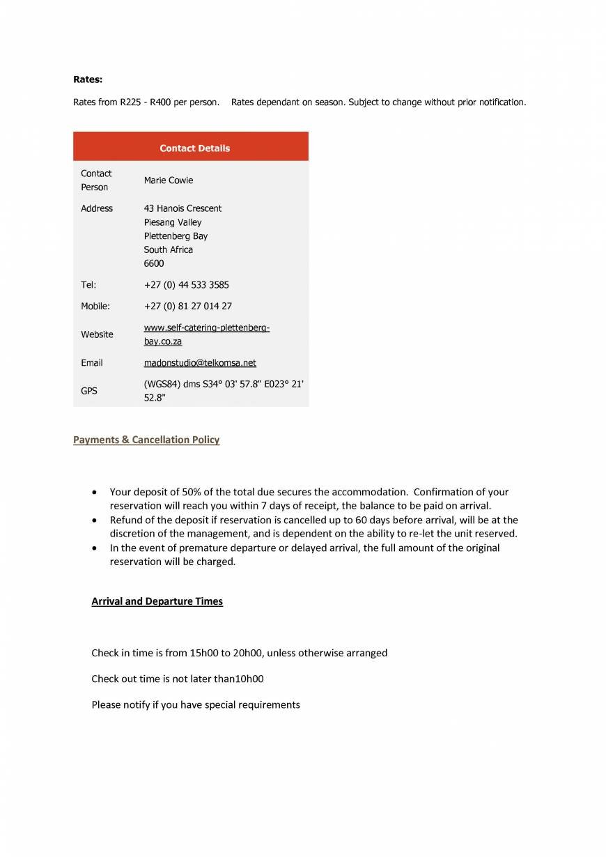  Pricelists of Madon Studio Self Catering Apartment 43 Hanois Crescent - Photo 1 of 2