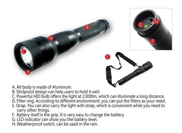 Model : LBS-24HID<br />
<br />
Powerful HID bulb, the output reaches 2,000lm <br />
Grip battery, easy to replace or remove <br />
IP68 version available <br />
Specification : <br />
Bulb Type Self-made HID 24<br />
Bulb Lifetime 50,000hrs<br />
Light Output 24W: around 2000 Lm<br />
Battery Profile Photos of Green First Corporation No. 183, Zhongyuan St., Sanxia Dist., - Photo 19 of 24 Model : LBS-24HID<br />
<br />
Powerful HID bulb, the output reaches 2,000lm <br />
Grip battery, easy to replace or remove <br />
IP68 version available <br />
Specification : <br />
Bulb Type Self-made HID 24<br />
Bulb Lifetime 50,000hrs<br />
Light Output 24W: around 2000 Lm<br />
Battery Profile Photos of Green First Corporation No. 183, Zhongyuan St., Sanxia Dist., - Photo 19 of 24