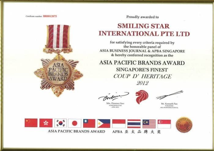  Brands Award 2012/2013 of Smiling Star International Ptd Ltd 30 Shaw Road, #03-02, Singapore 357957 - Photo 1 of 9