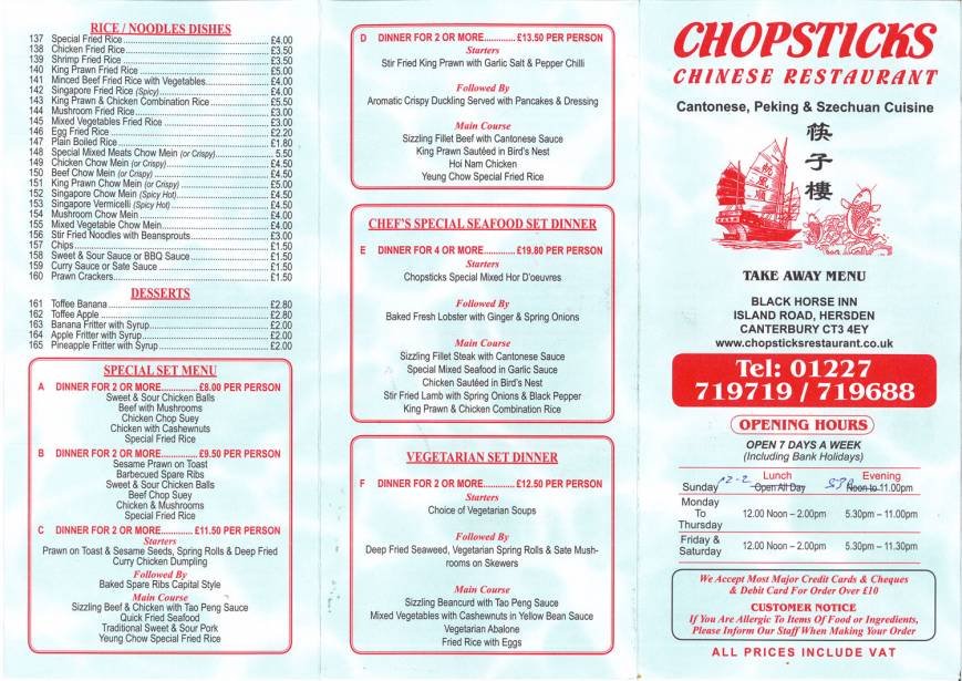  Pricelists of Chopsticks Chinese Restaurant Canterbury Iceland Road - Photo 1 of 13