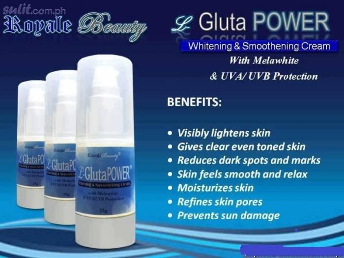 L-GLUTA POWER WHITENING CREAM combines the power of time tested whitening ingredient, a master anti-oxidant and UV absorbers.<br />
<br />
Uneven skin pigmentation may be caused by inflammation, excessive sunlight, hormone treatments and aging process.<br />
<br />
L-GLUTA P Royale Beauty of The Amazing Shop Manila - Photo 4 of 11