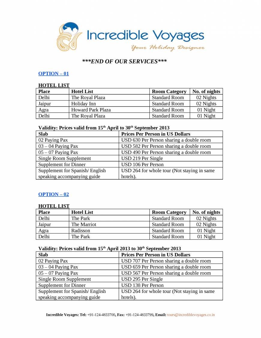  Pricelists of Incredible Voyages Pvt. Ltd. H-307, Sushant Shopping Arcade, Sushant Lok - 1, - Photo 6 of 7