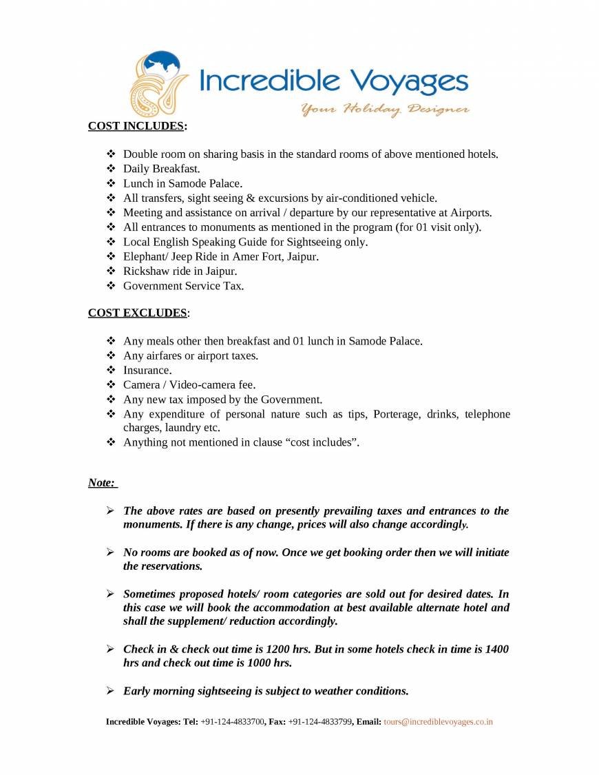  Pricelists of Incredible Voyages Pvt. Ltd. H-307, Sushant Shopping Arcade, Sushant Lok - 1, - Photo 7 of 7