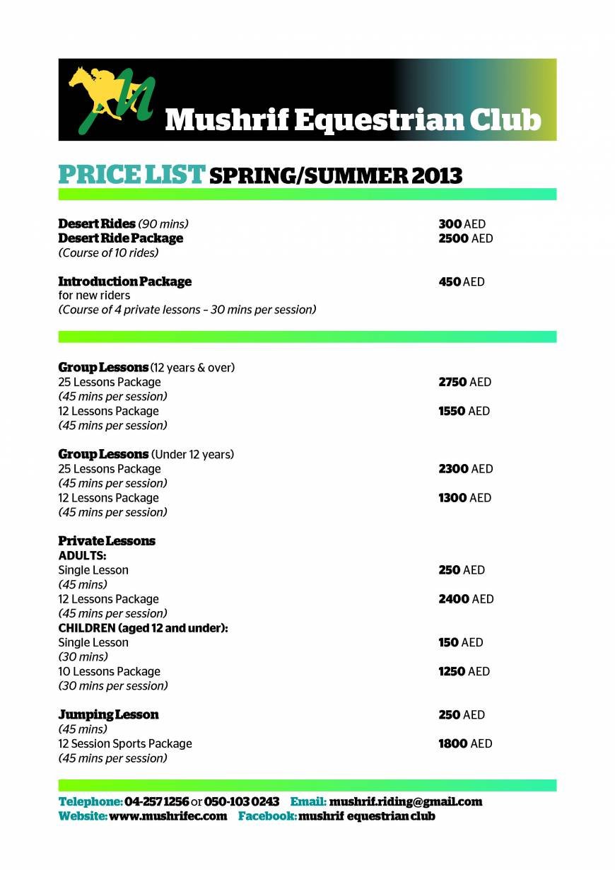  Pricelists of Mushrif Equestrian and Polo Club Al Khawaneej Road - Photo 1 of 1
