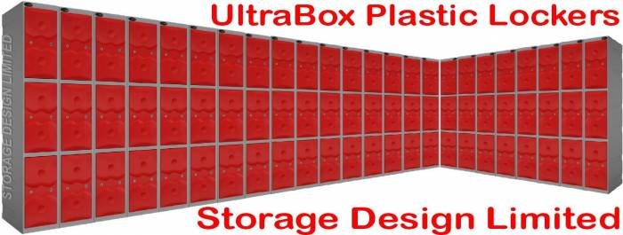 red plastic lockers showing three tier doors. Ultrabox of Storage Design Limited Primrose Hill - Photo 3 of 18