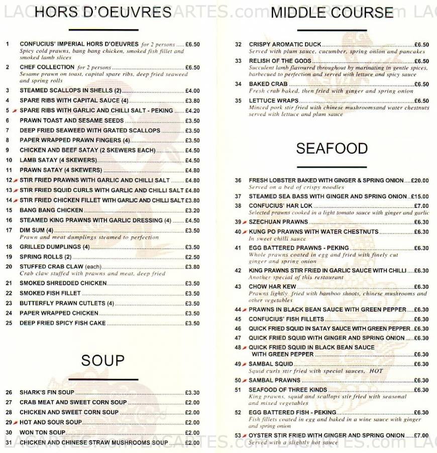  Pricelists of Confucius Chinese Restaurant 271 - 273 The Broadway - Photo 1 of 3
