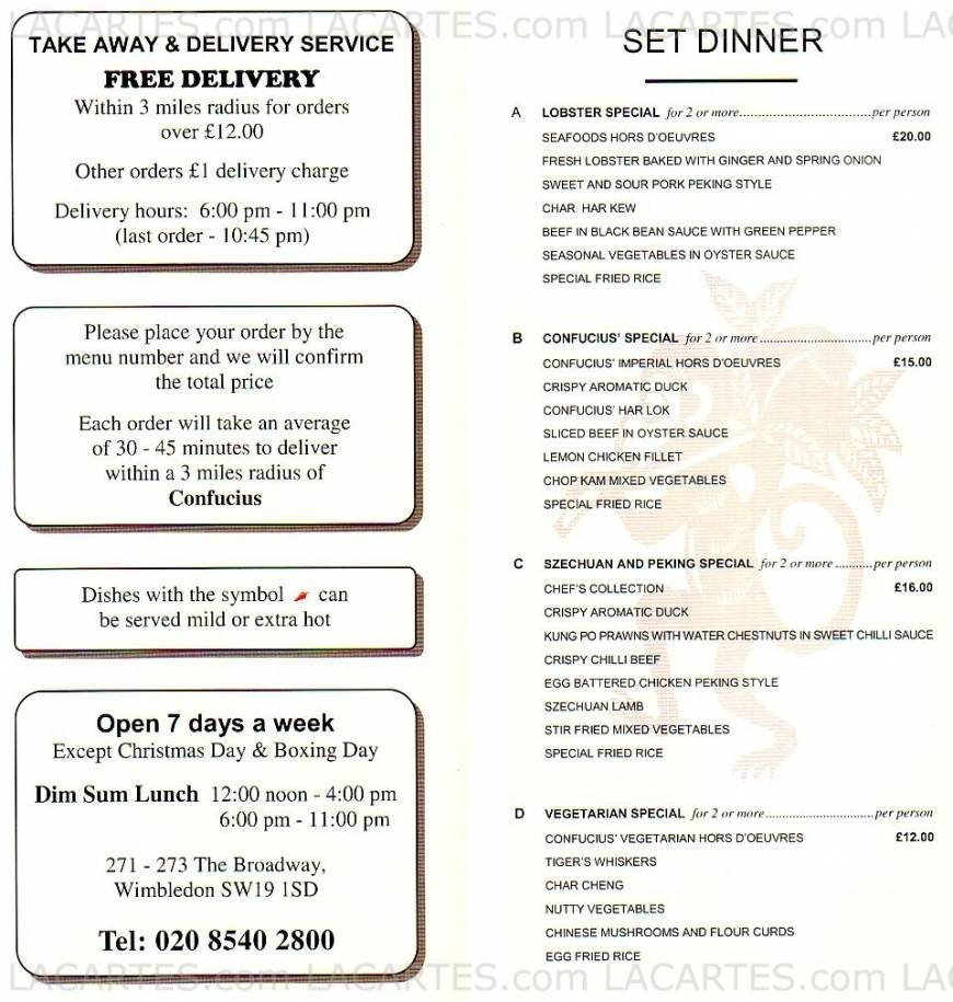  Pricelists of Confucius Chinese Restaurant 271 - 273 The Broadway - Photo 3 of 3