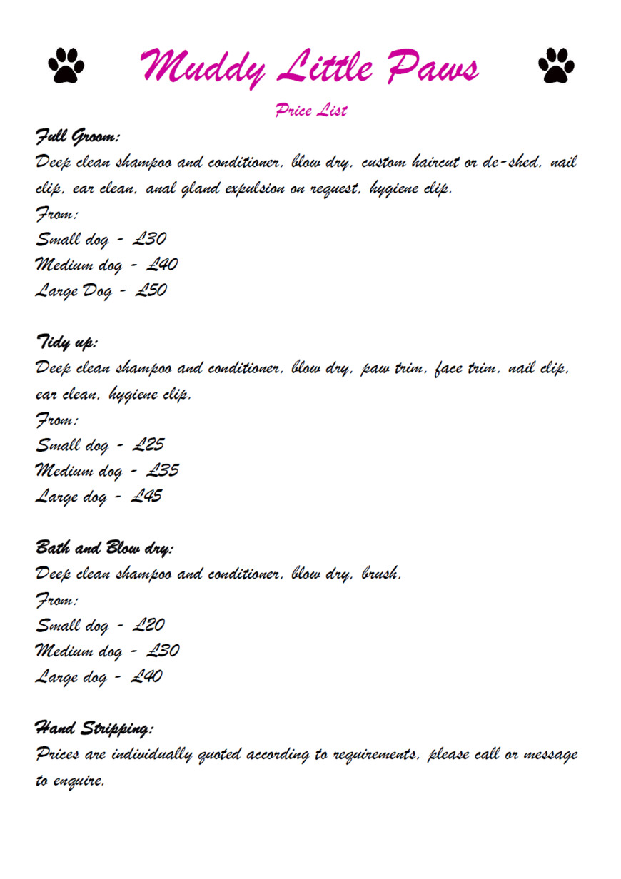  Pricelists of Muddy Little Paws - Professional Qualified Groomer 39 Valley Rise - Photo 1 of 3