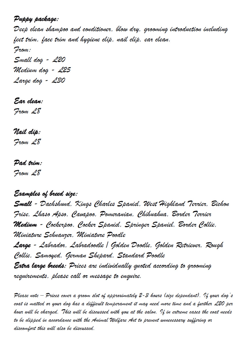  Pricelists of Muddy Little Paws - Professional Qualified Groomer 39 Valley Rise - Photo 2 of 3
