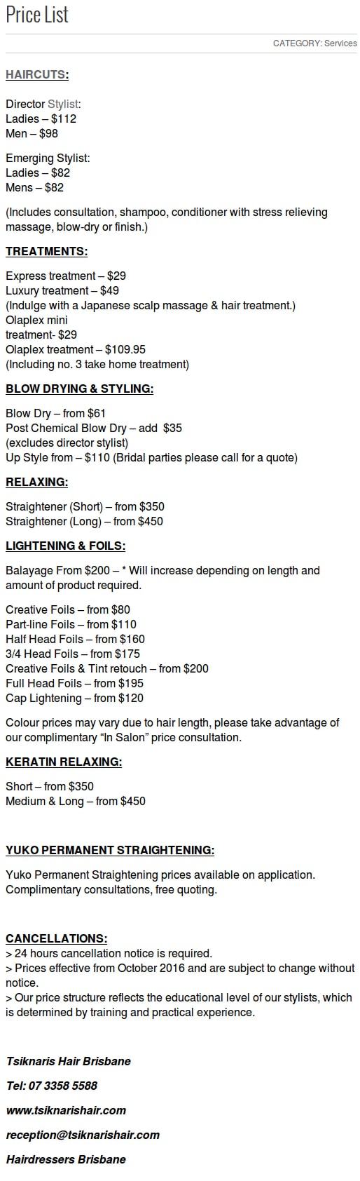  Pricelists of Tsiknaris Hair 669 Brunswick Street, New Farm - Photo 1 of 1