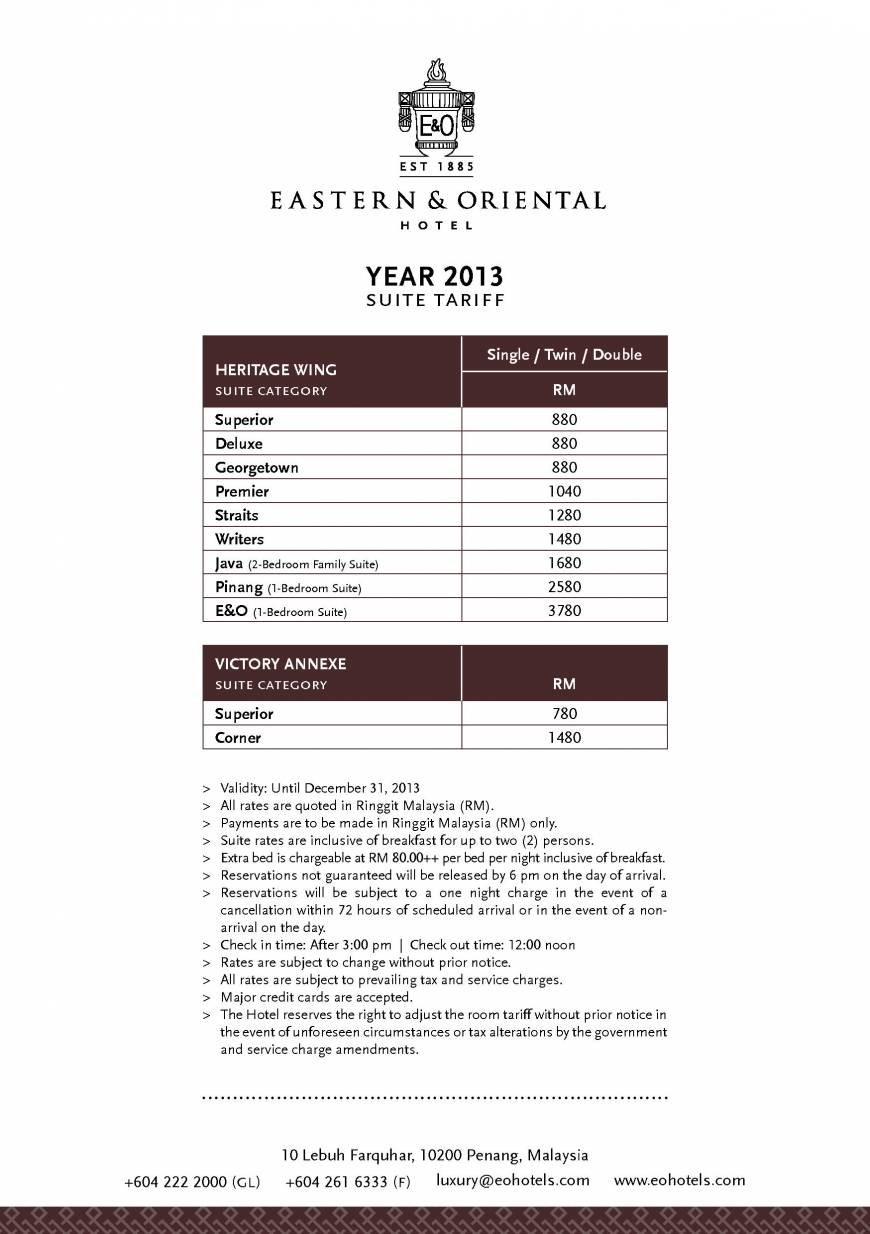  Pricelists of Eastern & Oriental Hotel 10 Lebuh Farquhar - Photo 1 of 1