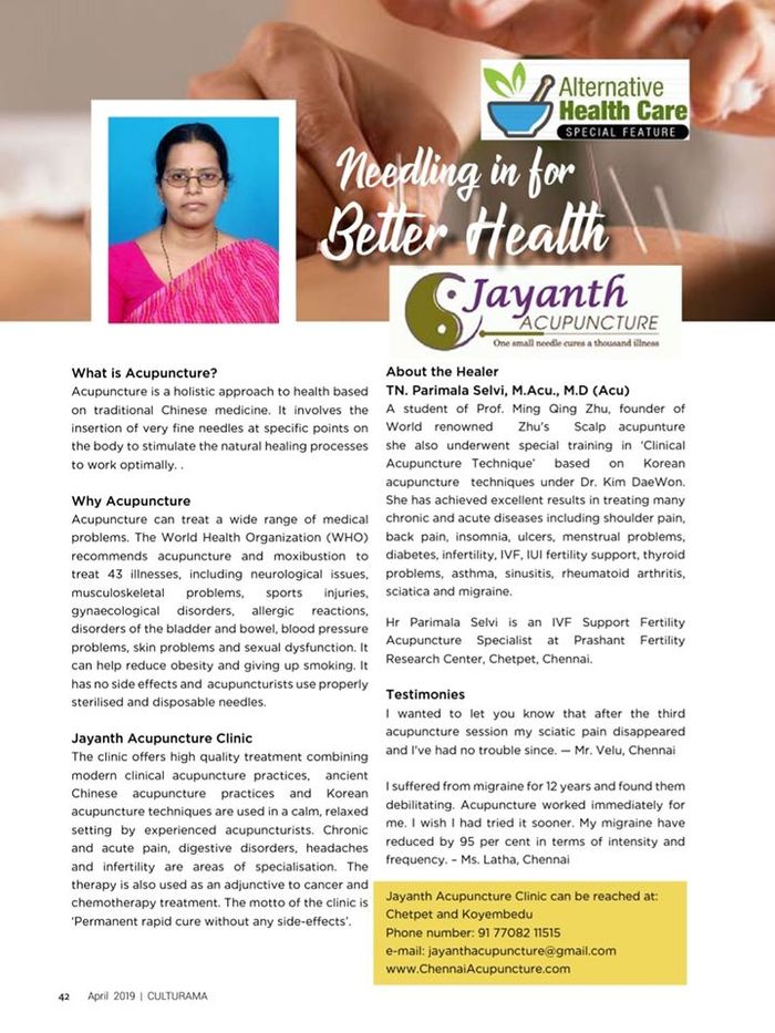 Acupuncture Article Acupuncture Treatment Near Me of Chennai Jayanth Acupuncture Clinic # 33/18, 1st Floor, School Street, Next to Mahindra First Choice - Photo 24 of 27