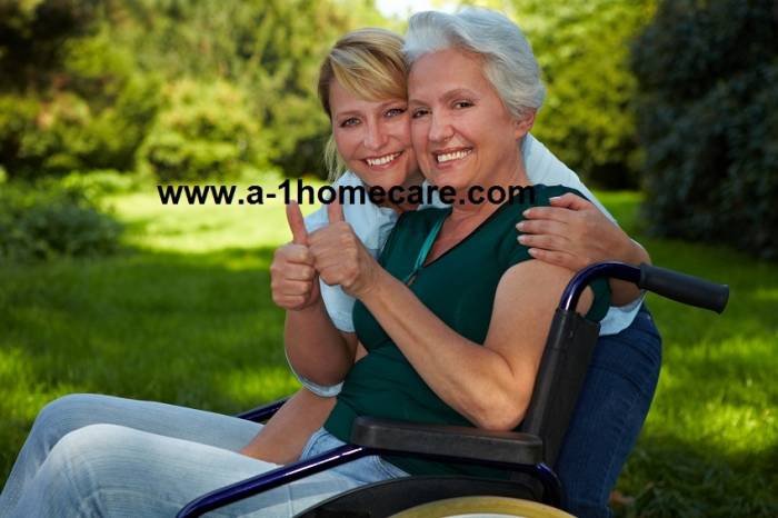 Disabled woman in wheelchair and nurse holding thumbs up Profile Photos of A-1 Home Care Agency 2400 W. Coast Hwy - Photo 1 of 9 Disabled woman in wheelchair and nurse holding thumbs up Profile Photos of A-1 Home Care Agency 2400 W. Coast Hwy - Photo 1 of 9