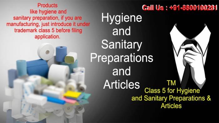 TM Class 5 for Hygiene and Sanitary Preparations & Articles<br />
Products like hygiene and sanitary preparation, if you are manufacturing, just introduce it under trademark class 5 before filing application. Trademark Registration of Free Trademark Search S-191 C, 3rd floor,Manak Complex,School Block, Shakarpur - Photo 1 of 49