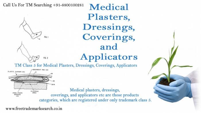 TM Class 5 for Medical Plasters, Dressings, Coverings, Applicators<br />
Medical plasters, dressings, coverings, and applicators etc are those products categories, which are registered under only trademark class 5. Trademark Search of Free Trademark Search S-191 C, 3rd floor,Manak Complex,School Block, Shakarpur - Photo 214 of 230