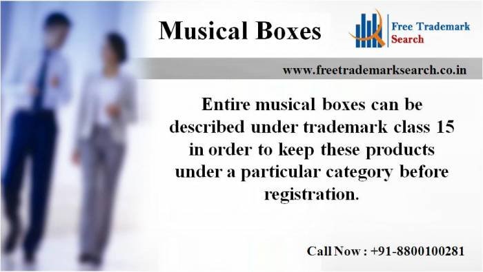 Entire musical boxes can be described under trademark class 15 in order to keep these products under a particular category before registration. Trademark Search of Free Trademark Search S-191 C, 3rd floor,Manak Complex,School Block, Shakarpur - Photo 52 of 230