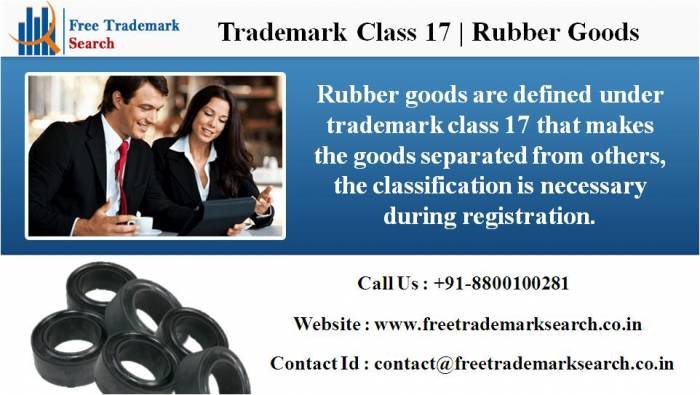 Rubber goods are defined under trademark class 17 that makes the goods separated from others, the classification is necessary during registration. Trademark Search of Free Trademark Search S-191 C, 3rd floor,Manak Complex,School Block, Shakarpur - Photo 64 of 230