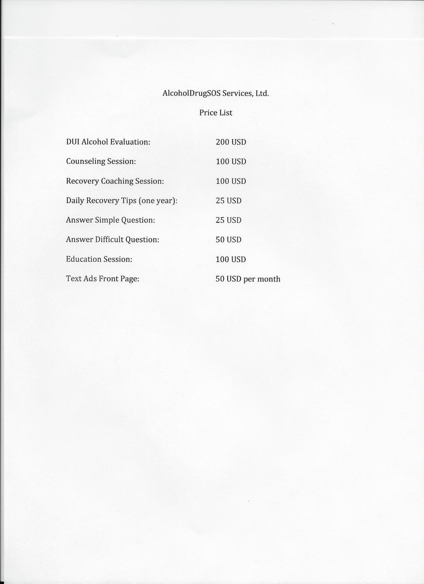  Pricelists of AlcoholDrugSOS Services, Ltd. 1717 Ingleside Road - Photo 1 of 1