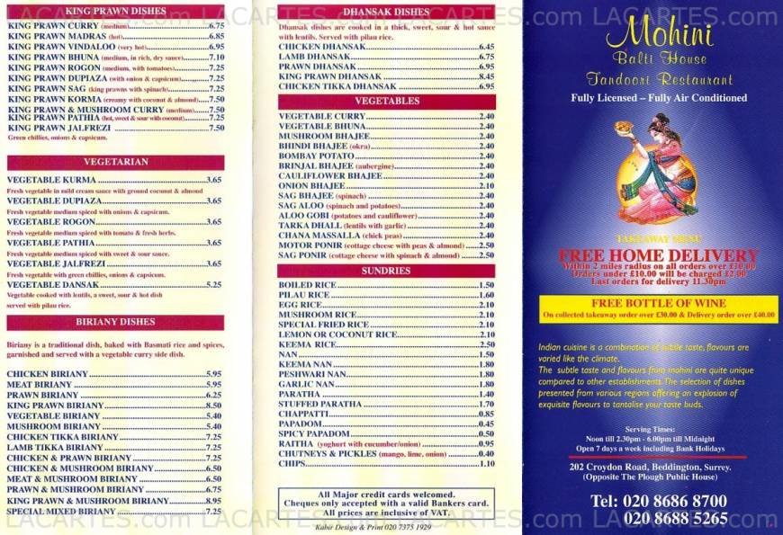  Pricelists of Mohini Balti House Indian Restaurant 202 Croydon Road - Photo 1 of 2