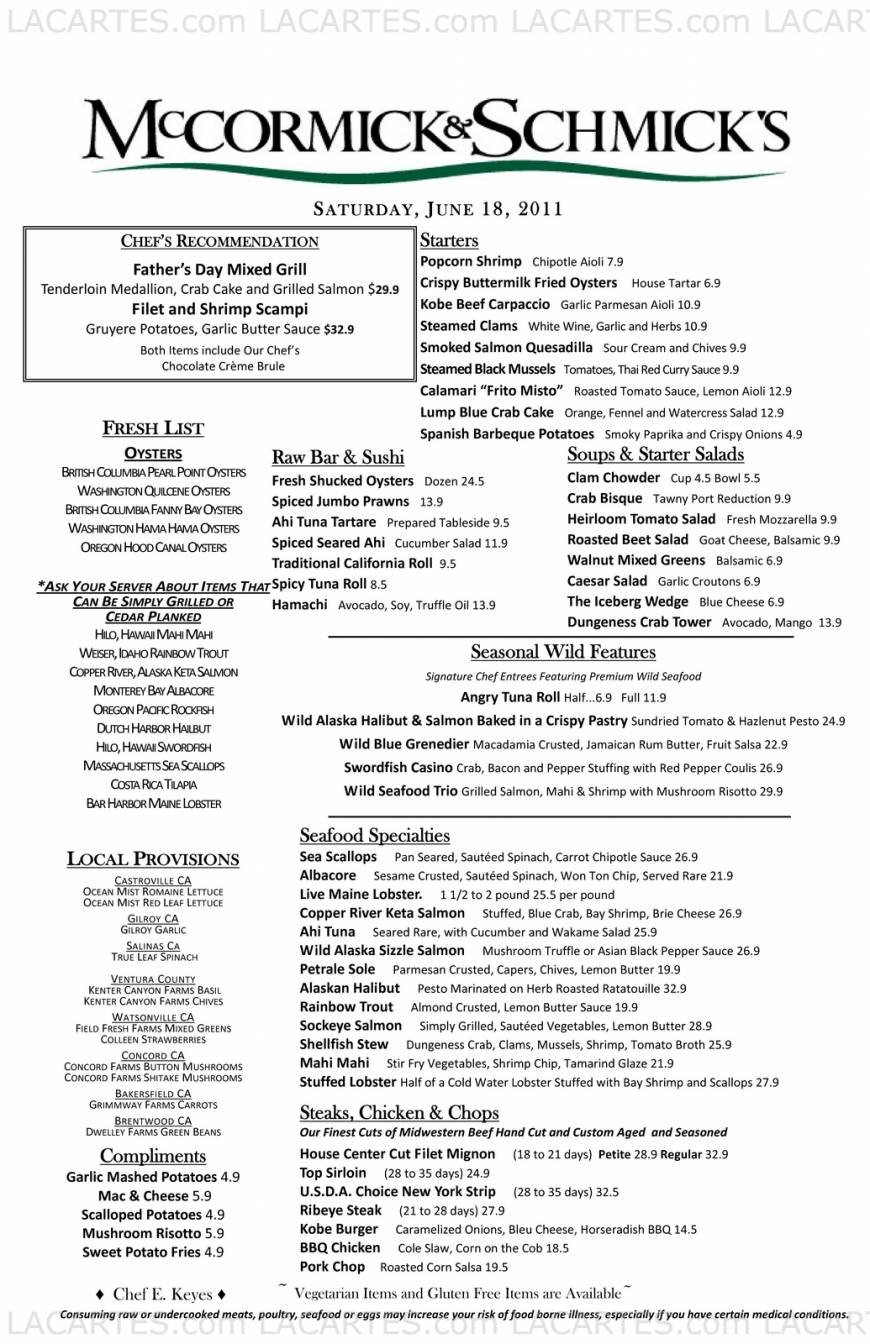  Pricelists of McCormick & Schmick's Seafood Restaurant 170 South Market Street - Photo 1 of 8