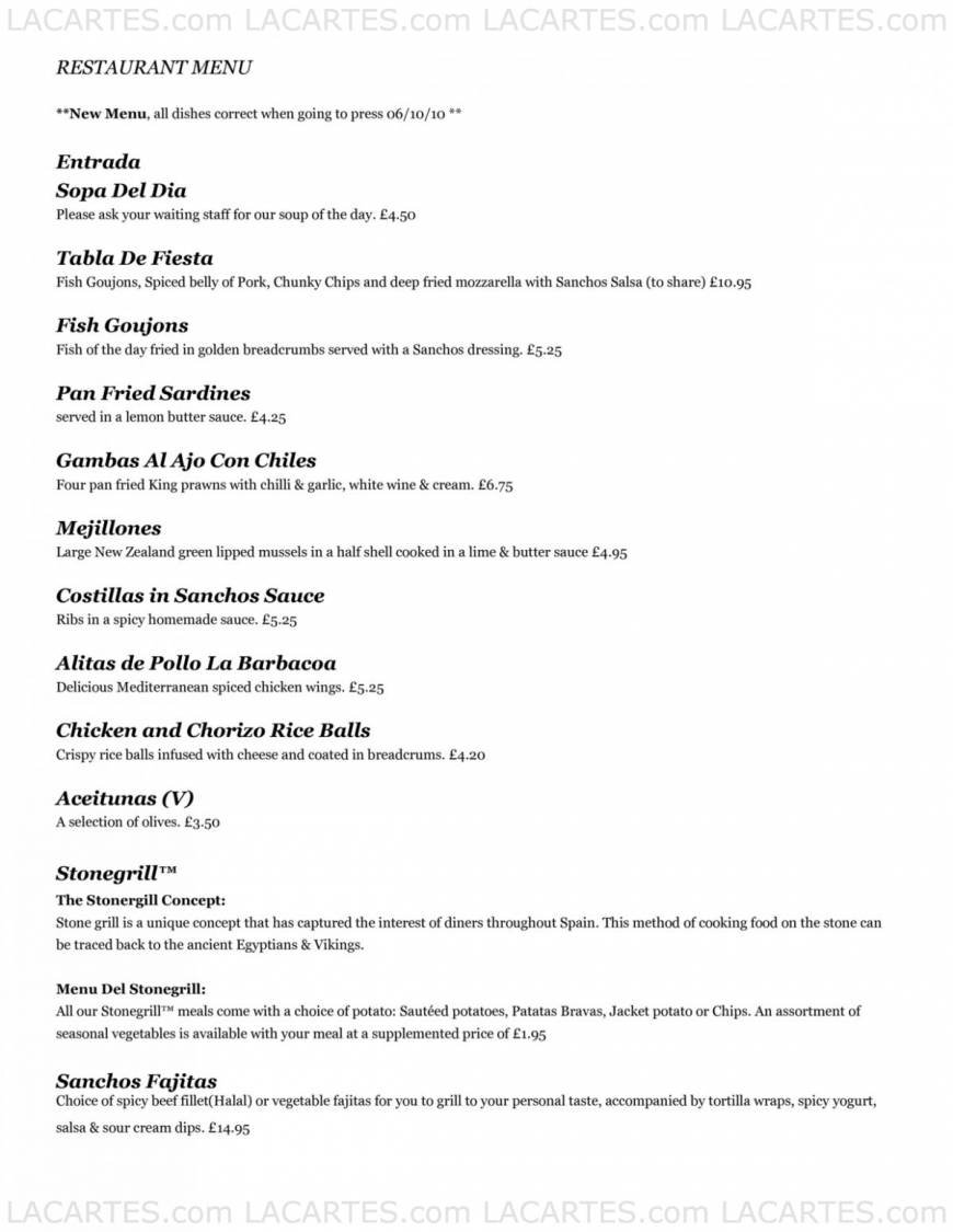  Pricelists of Papa Sanchos Stonegrill Restaurant & Cafe Bar 8-14 College Street - Photo 1 of 6