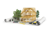Concept of construction. 3d render of house in building process with trees, calculator and pencil on the blueprint. We see constituents of roof frame and insulation layer., ProVillone Custom Carpentry, LLC, Little Rock