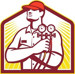 Illustration of a heating and cooling technician or refrigeration and air conditioning mechanic holding a pressure temperature gauge front view set inside shield on isolated on white background done in retro style. Profile Photos of K Cross Construction 62 Forty Rod Rd - Photo 2 of 2