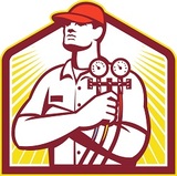 Illustration of a heating and cooling technician or refrigeration and air conditioning mechanic holding a pressure temperature gauge front view set inside shield on isolated on white background done in retro style., K Cross Construction, Pinedale