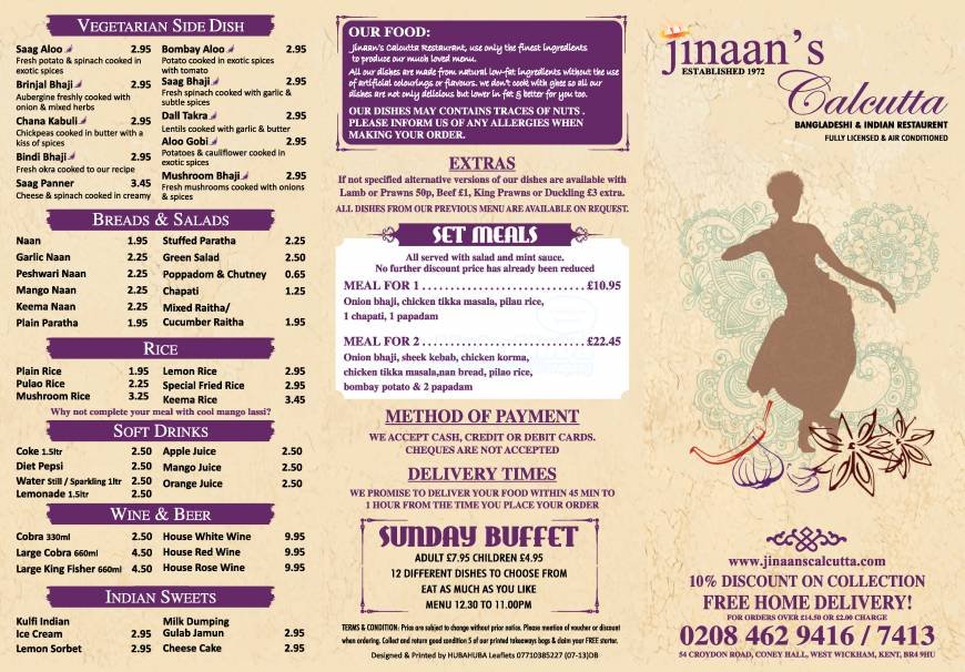  Pricelists of Jinaans Calcutta Indian Restaurant 54 Croydon Road - Photo 2 of 2